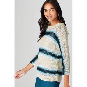 NEW J. Jill Linen & Cotton Striped Open Stitch Sweater Top Navy Blue Multi XS